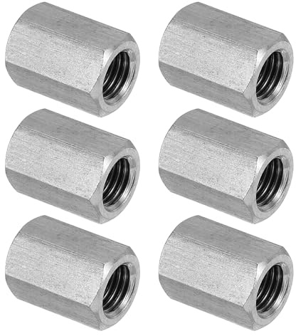 PATIKIL Lång mutter M10 x 1,25 sexkantigt mutter i 304 rostfritt stål, 6 st 20 mm/0,8 tum längd, gängade skaftanslutningar med spännmutter, silverton