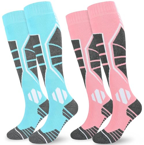 KOOOGEAR 2 Pairs Womens Ski Socks Knee-High Thermal Socks Winter Thermal Ski socks Size 4-7 Long Tube Thick Warm Athletic Socks for Ladies Girls Skiing Riding Snowboarding Hiking Skating
