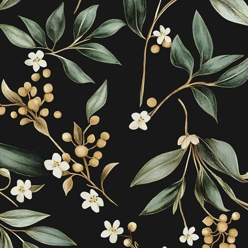 VOLEAAR Dark Peel and Stick Wallpaper Vintage – Dark Green Leaf Removable Self-Adhesive Vinyl for Bathroom Bedroom Kitchen Drawer Cabinet, Black Green Gold Floral Wall Decor Retro Style 17.5 x 118