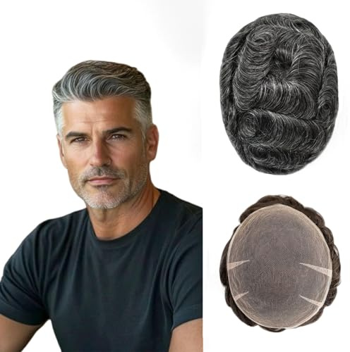 Ehairc Toupee For Men Full Swiss Lace Hair System For Men 100% Human Hair Breathable Men'S Toupee Hairline Bleach Knots Natural 90% Density Mens Lace Wig Base Size 8X10 (#1B40)