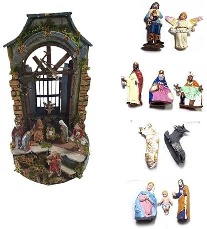BLUSUPERSHOP Tempo Weihnachtskrippe komplett Durchmesser 25 cm Höhe 40 cm Holz und Kork mit oder ohne 11 Schäfte 7 cm Terrakotta oder 8 cm Kunststoff, geeignet für Glasglocke