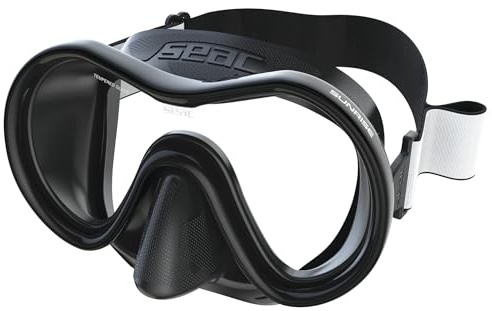 SEAC Sunrise Monolent glas dyk- och snorkelmask med 3D-spänne, med tyg- eller silikonhuvudgavel, svart