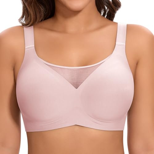 Cavotor Non Wired Bras for Women Seamless Push Up Bra T Shirt Soft Comfort Support Bras for Saggy Breasts Lace Wireless Bralettes with Bra Extender (Pink,L)