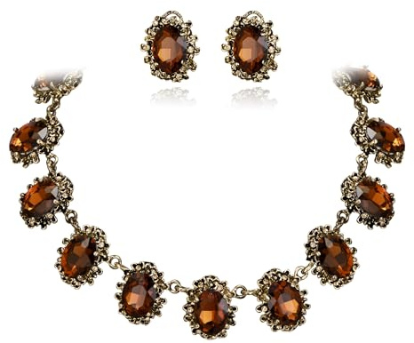 Clearine Victorian Style Statement Necklace Pierced Earrings Jewellery Set for Women Crystal Floral Oval Party Prom Jewelry Brown Antique-Gold-Tone