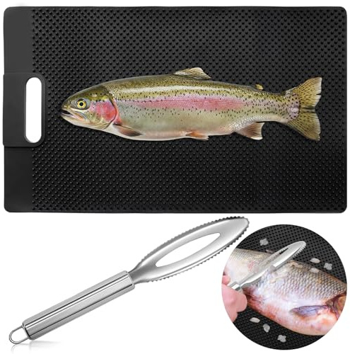 NonSlip Fish Fillet Mat with Fish Scaler Tool, Portable Prep Mat for Boat Dock & Countertop, Roll Up Cutting Board, Fishing Gifts for Men, Easy Rinse Prep Gear & Accessories 19.7x11.8