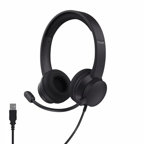 Trust Roha II Casque USB avec Micro ENC Antibruit on Ear, Microphone Réduction du Bruit, 85% Plastique Recycle, Câble 1,8 m, Casque Audio PC Filaire USB-C Ordinateur Portable Teams Zoom, Noir