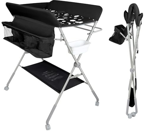 WODFARR Wickeltisch, faltbar, Wickeltisch mit Aufbewahrungskorb, Sicherheitsgurt und 4 Rollen mit Bremse, A, Wolkenmotiv, 77 x 63 x 101 cm – Schwarz