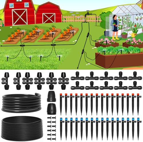 WenYa Drip Irrigation System Kit, 1/2'' + 1/4'' Quick Connect Tubing, 128ft Water Saving Garden Watering System for Greenhouse, Raised Beds and Potted Plants