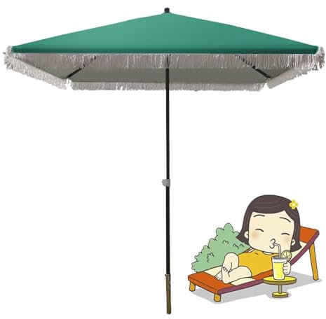 YHDMDQ Ombrellone da Spiaggia 2x2m con Frange, Ombrellone da Giardino Quadrato con Nappe, Parasole da Esterno per Mercato caffè Patio Piscina Balcone Tavolo(Dark Green)