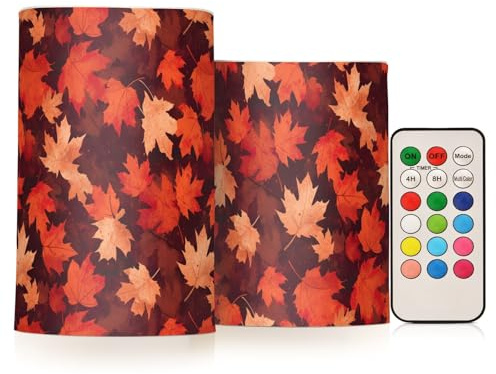FRODOTGV Juego de 2 velas LED con temporizador de 4 horas y 8 horas, funciona con pilas, para patio, porche, camping, decoración de vacaciones, fondo de hojas de otoño de arce