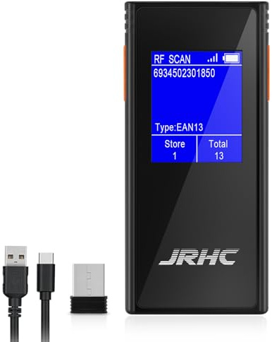 JRHC Strichcode Scanner Kabellos, 1D 2D Mini Strichcode Scanner mit 1,77 Zoll Display, Wiederaufladbarer Tragbarer Handscanner mit 2,4G Drahtloser Empfänger Plug und Play