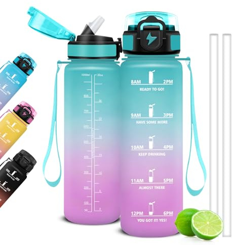 Mujigaga Gourde 1L, Gourde Motivation avec Paille et Graduée, 1 Litre Étanche, Bouteille d'Eau Sport pour Fitness, Voyage, Yoga, Randonnée