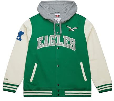 Mitchell & Ness Courtside Fleece NFL Vintage collegejacka med huva, färgkontrasterande ärmar, tryckknappslås, män, kvinnor, barn, unisex, vår, sommar, höst, vinter, philadelphia eagles, M