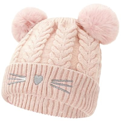 HUVZOR 1 Stück Mütze Damen Katzenohren Mütze Katze Bommelmütze Wintermütze mit Katzenohren Strickmütze Warm Elastisches Beanie Herbstmütze Winterhüte für Frauen Mädchen Damen Winter(Rosa)