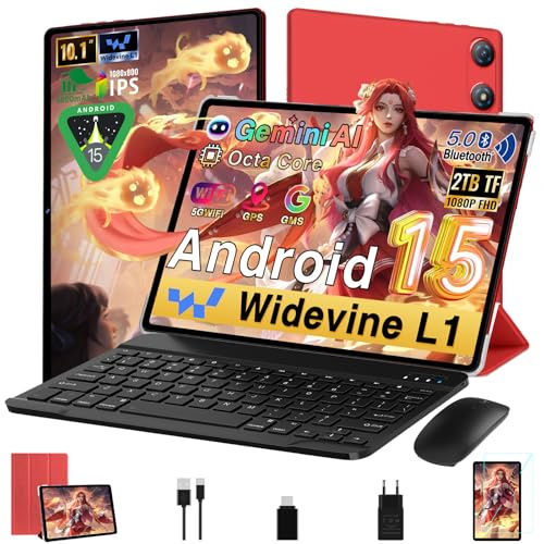 Tablet Android 15 10 Pollici ｜ 64GB ROM + 2TB TF｜5G WiFi 6｜Octa-Core 2.0Ghz｜ 5MP + 8MP｜ GMS｜1280 * 800 FHD IPS｜Doppia Fotocamera ｜Bluetooth 5.0｜ 2026 Newest Tablet 2 in 1 con Tastiera e Mouse - Rosso