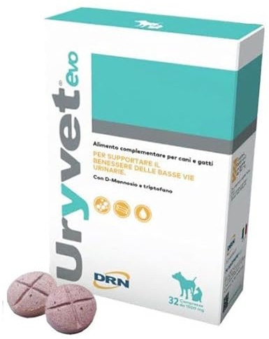 DRN | Uryvet Evo 32 cpr 1500 mg Ergänzungsfuttermittel für Hunde und Katzen zur Unterstützung der Funktion der unteren Harnwege mit D-Mannose und Tryptophan