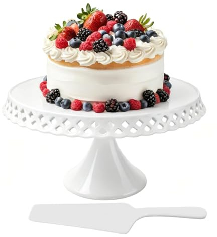 Ceramic Cake Stand Single Tier, 12 Inch Round White Cake Display Stand, Porcelain Cupcake Stand Dessert Stand for Afternoon Tea Wedding Birthday Party (Openwork Edging)