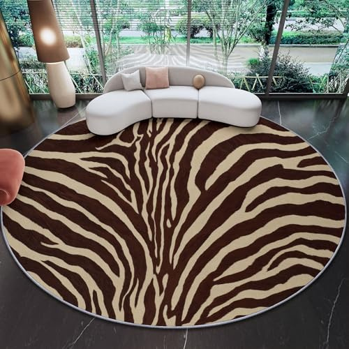 Zebra Teppich Rund 80 cm braunes Aprikose - Abstraktes Tier-Muster waschbar & rutschfest - Moderner Kurzflor Bettvorleger für Schlafzimmer & Wohnzimmer - Stilvolle Bodenmatte für das Esszimmer