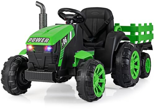 COSTWAY Kids Ride on Tractor with Trailer, 24V Electric Vehicle with Remote Control RGB LED Headlights, Music, USB, Dual Motors Battery Powered Ride on Car for 3-7 Years Old (Green)