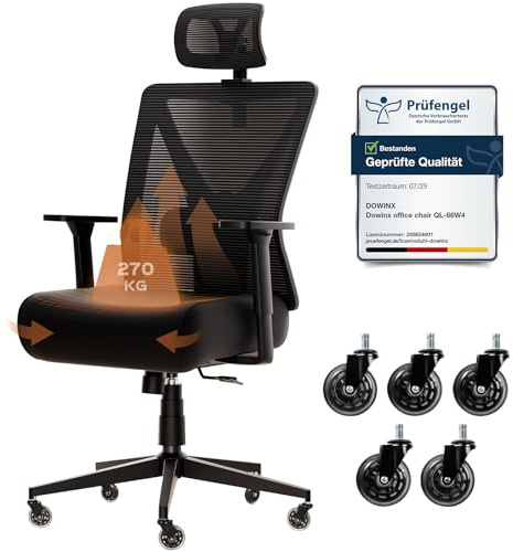 Dowinx Bürostuhl 270 kg, Ergonomischer Schreibtischstuhl mit Dicker Sitzpolsterung, Verstellbarer Lendenstütze, Höhenverstellbarer Rückenlehne, 3D-Armlehnen, Metall-Fuß, Schwarz