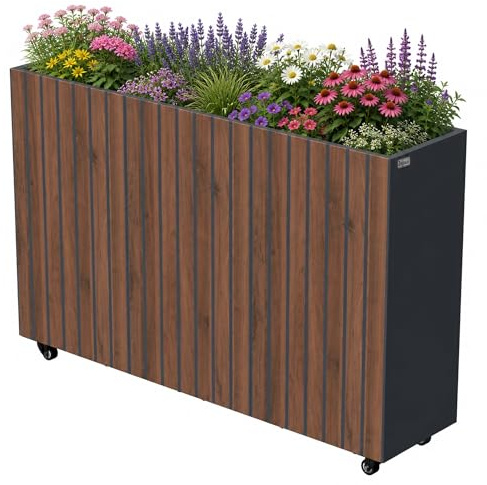 Zelsius Hochbeet verzinkter Stahl mit Rollen 120 x 30 x 80 cm | Anthrazit RAL 7016 Walnuss Holzoptik | Pflanzkübel, Blumenkasten, Pflanzbeet, Gemüsebeet, Kräuterbeet, Blumenkübel, Pflanzkasten