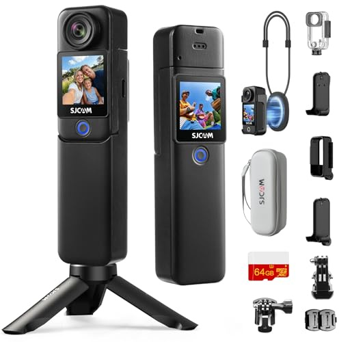 SJCAM C300 Caméra Vlog 4K avec Étui de Rangement, Autonomie 460 Min, Double Écran Tactile, Stabilisation Gyro 6-Axes, Caméra Sport Étanche avec Kit d'accessoires, Idéale pour Voyage et Vlog, Noir 64G