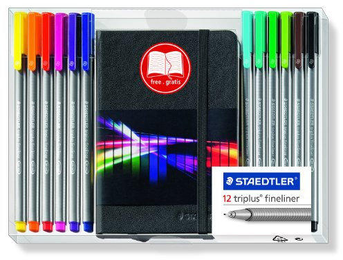 Staedtler 334 NB12 triplus Fineliner 'Rainbow line' dreikant, 0,3 mm, 12 Stück mit Notizbuch GRATIS