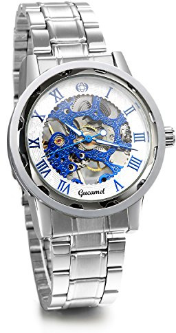 JewelryWe Herren Armbanduhr, Analog Handaufzug, Fashion Business Transparent Steampunk Handaufzug mechanische Uhr mit Edelstahl Armband, Gold Blau Römische Ziffern Zifferblatt