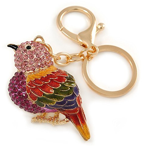 Avalaya Pink Crystal Multi Enamel Robin/Bullfinch Bird Keyring/Bag Charm in Gold Tone Metal - 9cm L
