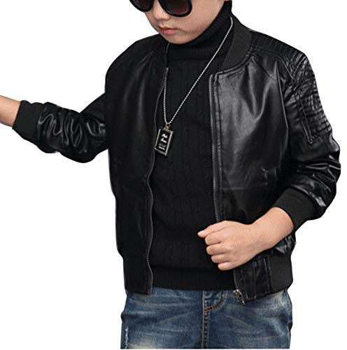 Garçon Veste en Simili Cuir Manches Longues Blouson Motard pour Enfant Noir 150CM