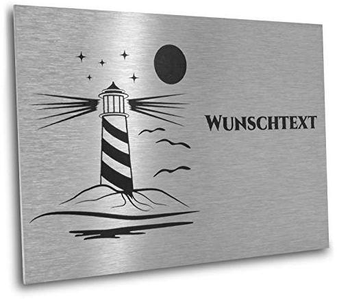 Jung Edelstahl Design V2A Edelstahl Türschild - Maritimes Design - mit Leuchtturm inklusive Wunschtext 120 X 80 mm - Briefkastenschild oder Namensschild