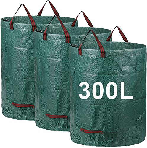 (3x300L) Sacos de jardín, Bolsas de jardín Premiums, Resistentes al Agua, Grandes Bolsas de Basura con Asas, Plegables y Reutilizables, de Gran Capacidad y Doble Fondo ，Estables a los Rayos UV