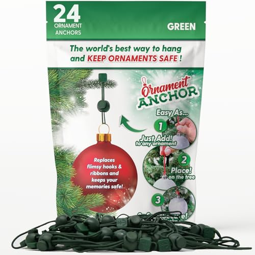 ORNAMENT ANCHOR Ornament Hooks for Hanging Christmas Decorations - No-Slip Hanging Hooks for Xmas - Heavy Duty Christmas Tree Ornaments Hanger Hooks for Small & Large Ornaments (Green, 24 Count)
