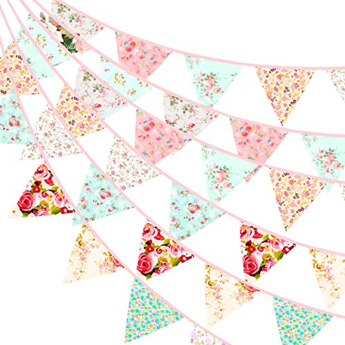 G2PLUS 12M Floral Fabric Bunting Banner, 19x21CM Large Reusable Cotton Triangle Flag Garland with 42PCS Decoration Floral Pennants for Garden Tea Wedding Baby Shower Birthday Parties-Pink and Green