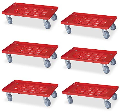 BRB 6 Gitter-Transportroller für Behälter 600x400 mm, rot, 4 Lenkrollen, graue Gummiräder
