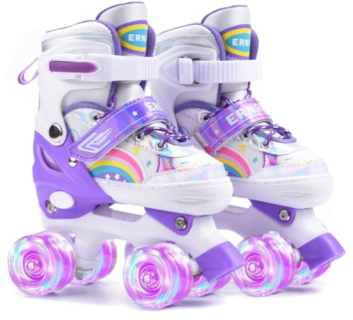 ERNAN Pattini a Rotelle regolabili. patini bambini 4 ruote luminosi per ragazze e ragazzi. Comodi pattini ideali per principianti (Purple, S)