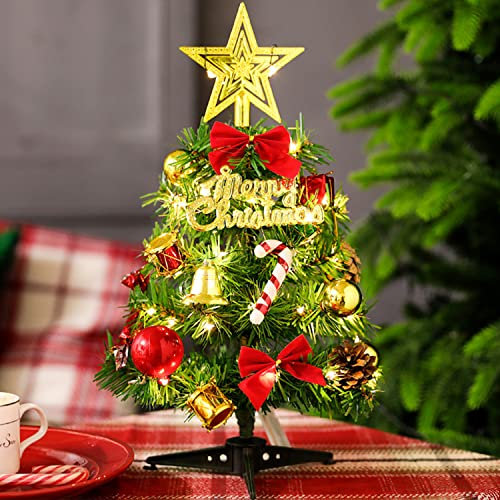 Tabletop Christmas Tree - 30CM Mini Artificial Xmas Trees with LED String Lights Ornaments Miniature Desk Trees Plastic Winter DIY Crafts Mini Pine Tree for Christmas Home Decorations