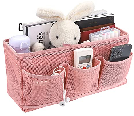 IGNPION Net Bedside Hanging Storage Bed Pockets Baskets Dormitory Bed Organiser Caddy Mulit-purpose Hanging Storage Bag for Home Office School Dorm Hospital, Pink