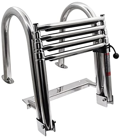 KAOLALI Boat Ladder 4 Steps, Pontoon Boat Ladder Foldable Stainless Steel Marine Rear Entry Telescoping Ladder with Wide Steps Swim Deck Ladder with Pedal Hand Railing Lad Capacity 200 kg