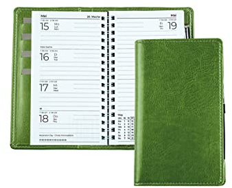 DELMON VARONE - Taschenkalender A6 2026 veganem Kunstleder grün - Organizer Terminplaner (1 Woche auf 2 Seiten) klein - Kalender mit Wochenübersicht & Spiralbindung - Wochenplaner (nachfüllbar)