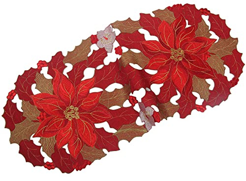 Weihnachten - Winter - Weihnachtsstern Poinsettie Stickerei Polyester Tischläufer ca. 40 x 90 cm, Oval Rot
