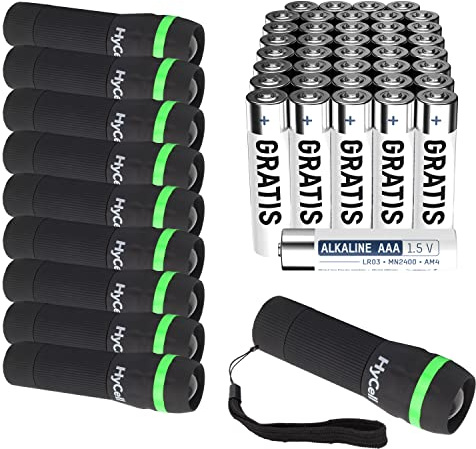 Hycell Mini LED Taschenlampe Zoombar und Fokussierbar inkl. AAA Batterien + 40 AAA Batterien Gratis - Handliche LED Leuchte mit stufenloser Fokussierung - Ideal für Camping Werkstatt Handtasche