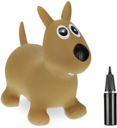 Relaxdays Hüpftier Hund, inklusive Luftpumpe, Hopser, bis 50 kg, BPA-frei, Hüpfspielzeug, Kinder, Sprungtier, Hellbraun