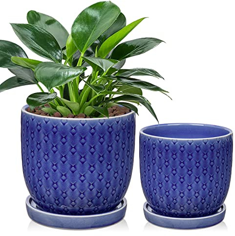 2er-Set Durchmessern von 16,5 cm/13,5 cm, Blumentöpfe für den Innenbereich, Keramik, Gemusterte Pflanzgefäße, Bonsai-Behälter mit Ablaufloch und separatem Untersetzer für Pflanzen, Sukkulenten, Blau