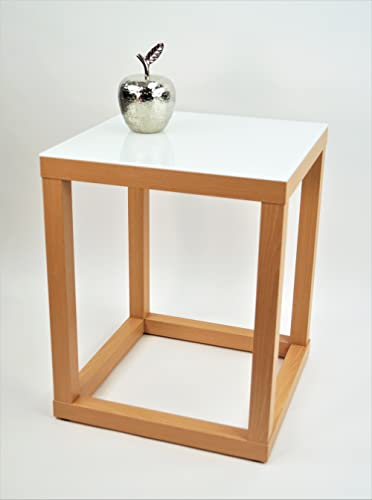 freeroom24, Beistelltisch, Wohnzimmertisch, Couchtisch, Coffee Table, Kleiner Kaffeetisch, Blumenhocker, Blumensäule, Cube, Holzoptik Buche Nachbildung, Glas weiß, 30 x 30 x 40cm, Made in Germany