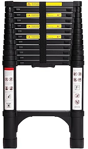 BOCOM 12.5 FT Aluminum Telescoping Ladder, Lightweight Multi-Purpose Collapsible Extension with 2 Triangle Stabilizers, Heavy Duty 330 lbs Max Capacity, Ideal for Home, RV, and Outdoor Work Black