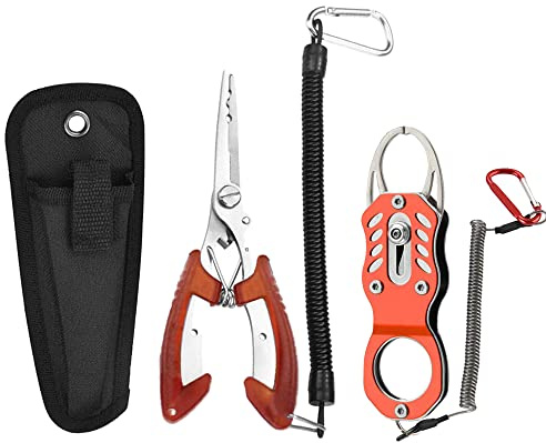 TopHomer Angeln Greifer und Zange Set Tragbare Angelzangen Fischlippengreifer Edelstahl Multifunktionale Haken Entferner Fish Werkzeuge (Rot)