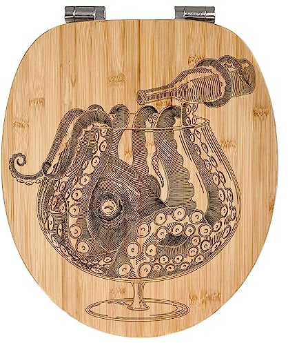 banjado® Hochwertig gravierter Design WC Sitz Bambus Absenkautomatik Oktopus im Glas/Toilettendeckel mit Absenkautomatik Holz/Bambus Klodeckel/WC-Sitz für alle gängigen Toiletten