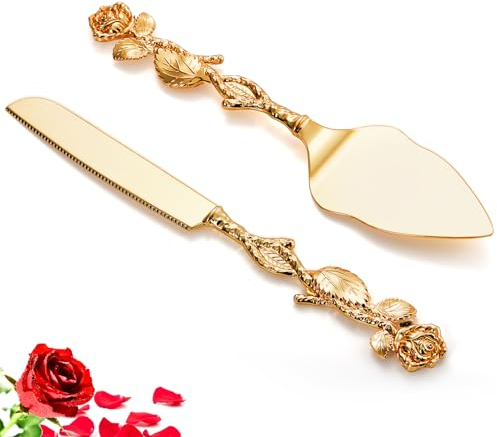 Mezchi Wedding Cake Knife and Server Set, Gold Cake Cutting Set, Vintage Rose Cakes Cutting Set for Birthday, Party, Anniversary, Pie, Pizza