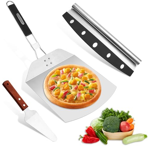 Pala per Pizza, MXTIMWAN Pala Pizza in Acciaio Inox, Palas per Pizza con Pieghevole Manico, Palas per Pizza Scorrevole con Tagliapizza e Paletta per Torta per Pizzas, Pane, Crostate Fatta in Casa